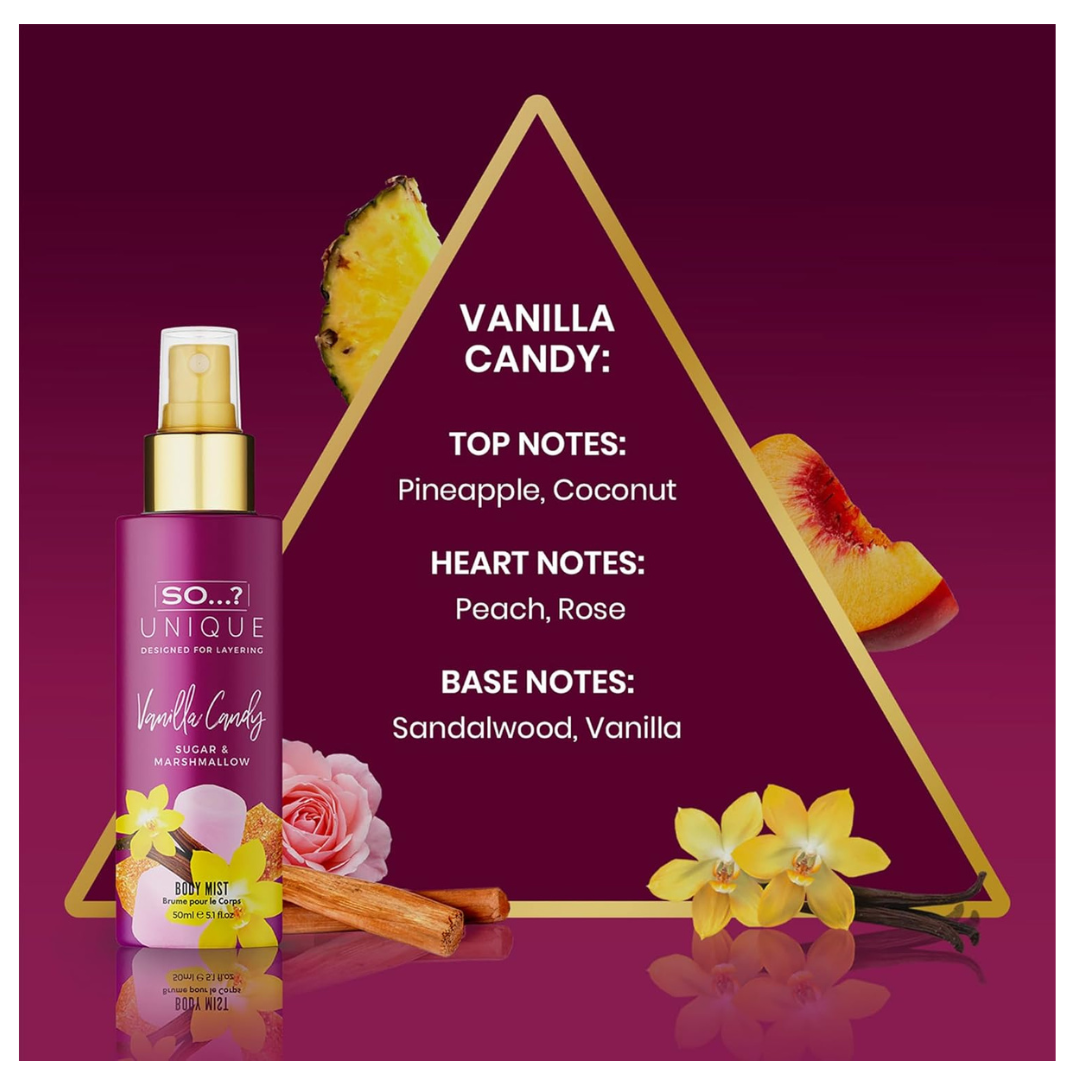 So…? Unique Mini Mist Womens Gift Set with Vanilla Candy, Sweet Pea, Truffle Cream, & Cashmere, Body Mist Fragrance Spray Set (4 x 50ml.)