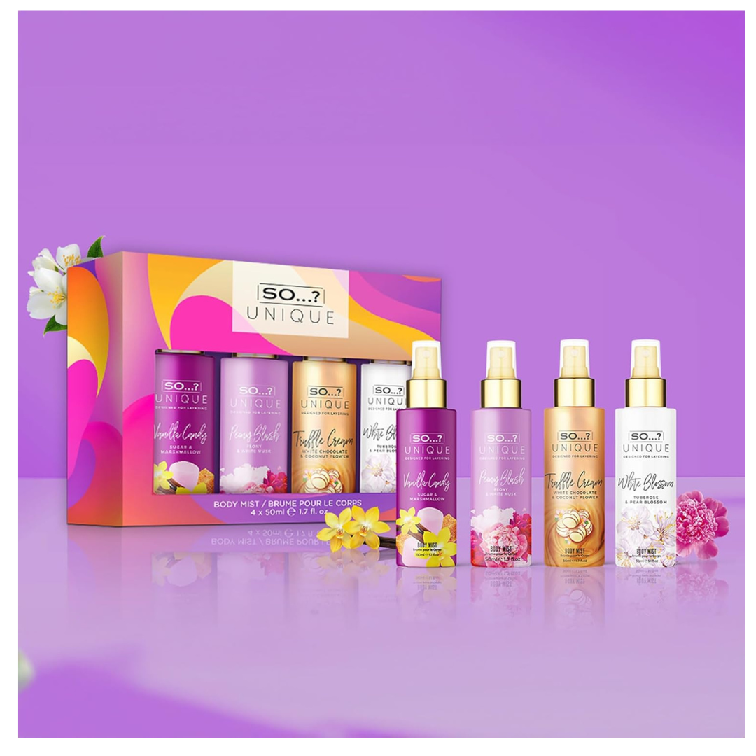 So…? Unique Mini Mist Womens Gift Set with Vanilla Candy, Sweet Pea, Truffle Cream, & Cashmere, Body Mist Fragrance Spray Set (4 x 50ml.)