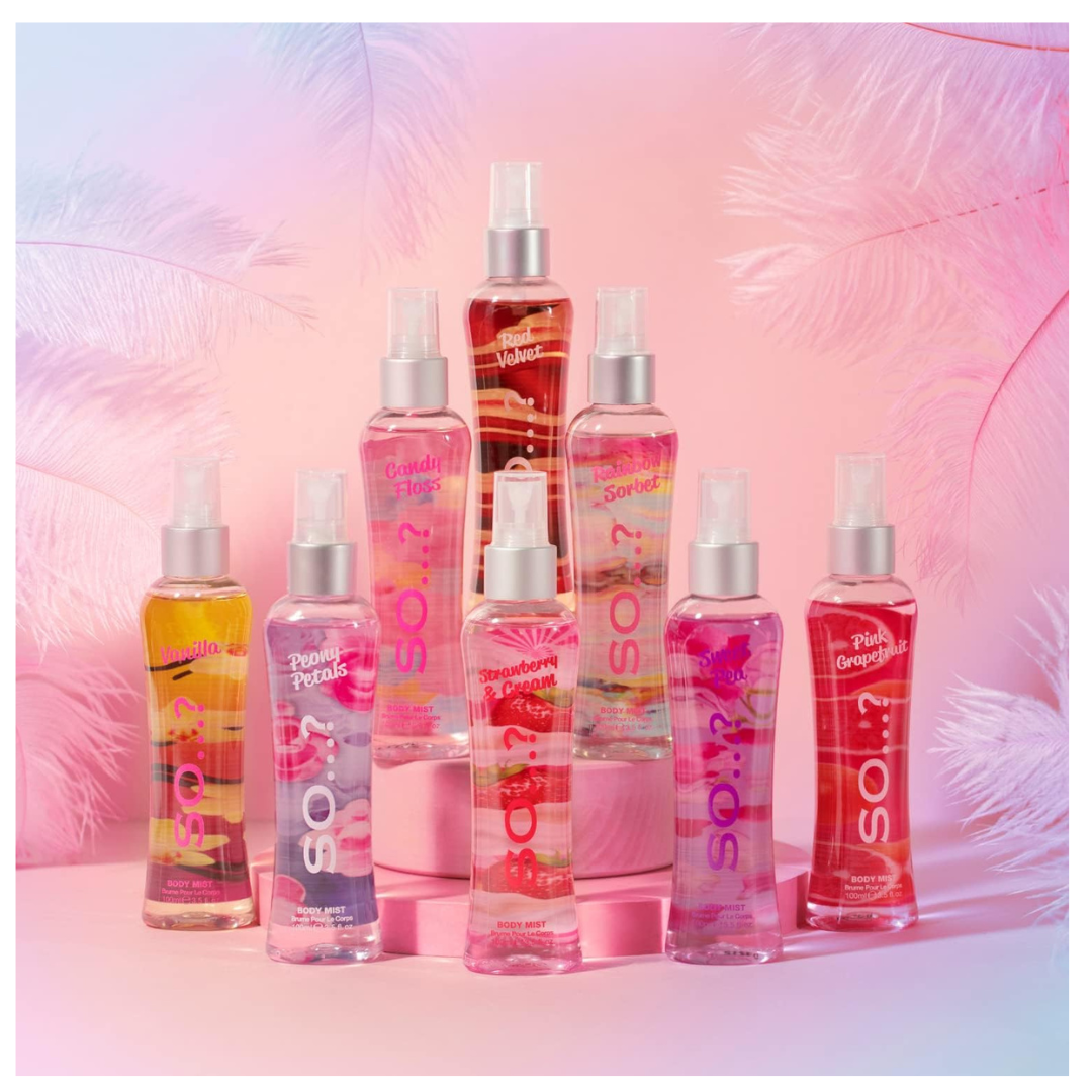 Body Mist by So…? Womens Candy Floss, Vanilla, Sweet Pea Body Spray Mixed Fragrance Bundle 100ml (Pack of 3)