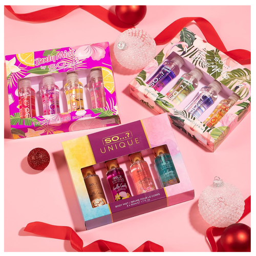 Body Mist By So…? Womens Mini Body Mist Gift Set, with Pink Grapefruit, Vanilla, Candy Floss & Sweet Pea, Fragrance Spray Set (4x50ml)
