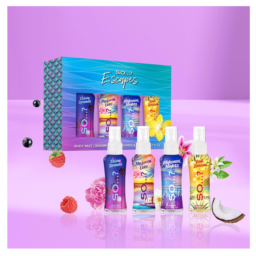 So…? Escapes Womens Gift Set, with Ibiza Dream, Bali Breeze, Mykonos Nights & Majorca Love, Fragrance Spray Set (4 x 50ml)